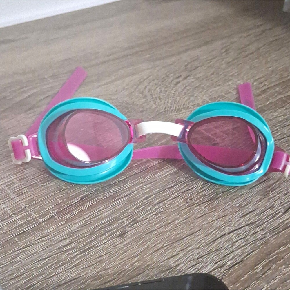 Kids Swim Goggles Teal Frame, Pink Tinted Lenses, Pink/Purple Strap